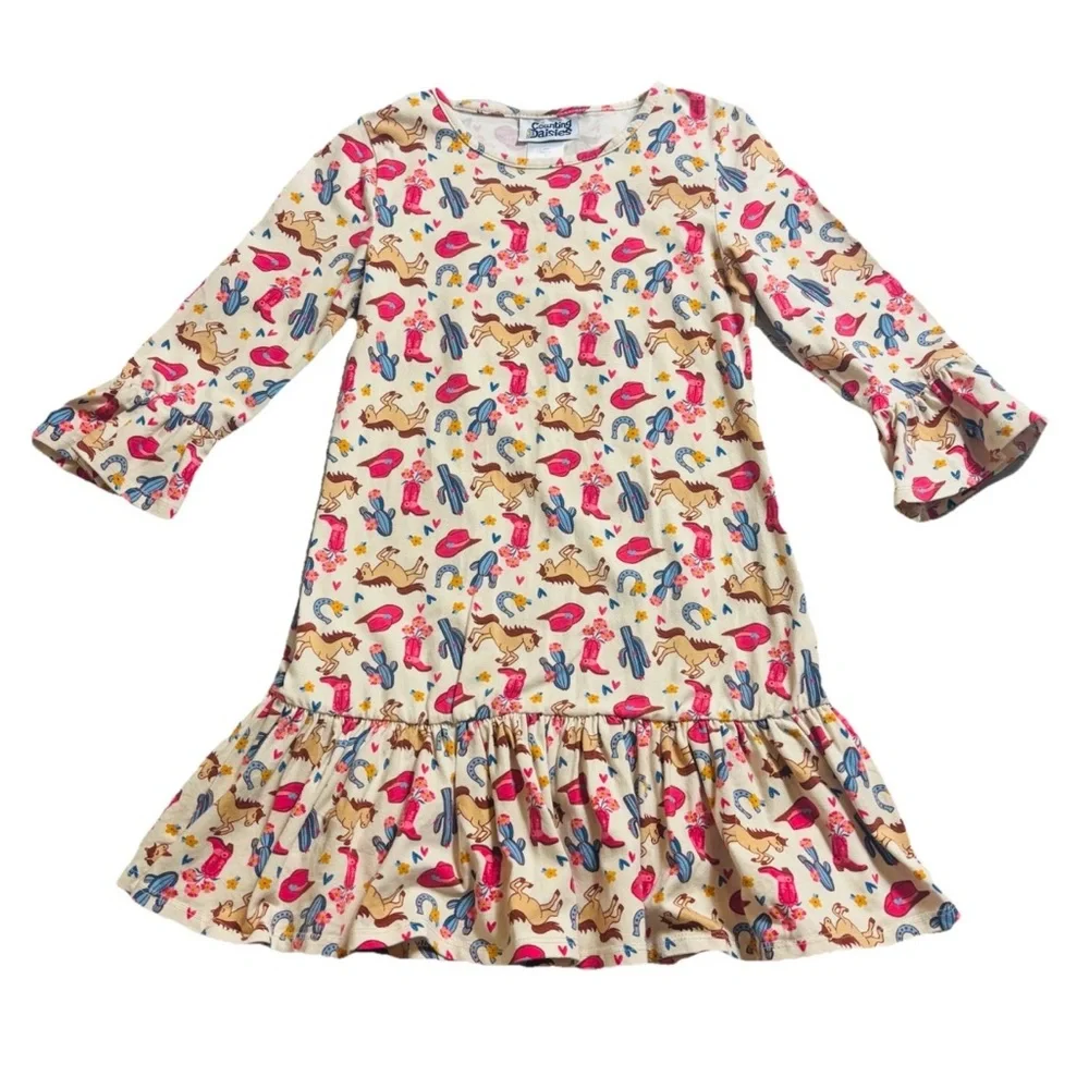 Counting Daisies Girl's Size 10 Dress Western Cowgirl Bell Sleeve Rodeo Horses